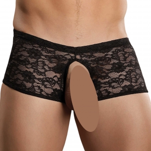 Boxer Bottomless en Dentelle CROTCHLESS Noir