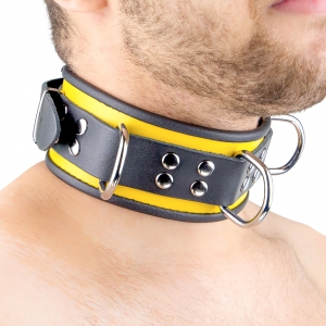 Collier en cuir 3 Anneaux D | Noir-Jaune