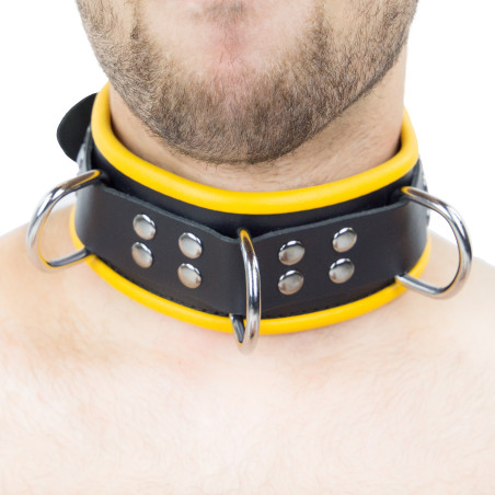 Collier en cuir 3 Anneaux D | Noir-Jaune