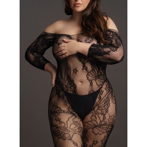 Combinaison ouverte Grande Taille LACE SLEEVED - Noir
