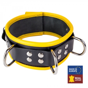 Collier en cuir 3 Anneaux D | Noir-Jaune
