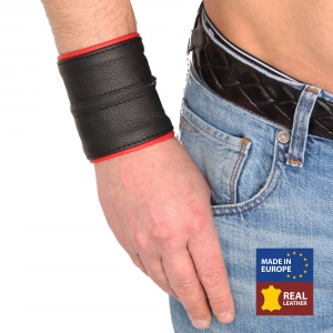 Poignet bracelet de force en cuir - Noir/Rouge avec zip 