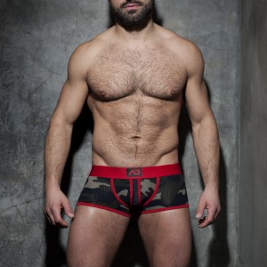 Jockstrap Boxer Stripe Fetish Rouge avec tissu Camouflage Mesh