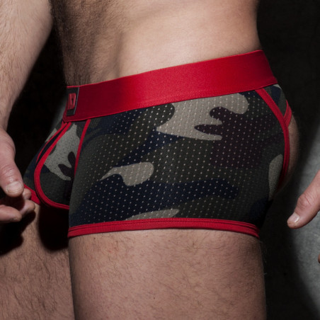 Jockstrap Boxer Stripe Fetish Rouge avec tissu Camouflage Mesh