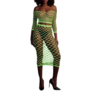 Bustier et Robe Filet Épaules dénudées Vert Fluo