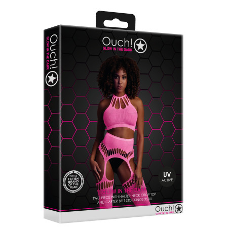 Ensemble Bustier Dos nu et Porte-Jarretelles 2 Pièces Rose Fluo