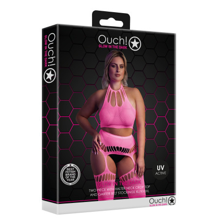 Ensemble Bustier Dos nu et Porte-Jarretelles 2 Pièces Rose Fluo