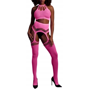 Ensemble Bustier Dos nu et Porte-Jarretelles 2 Pièces Rose Fluo