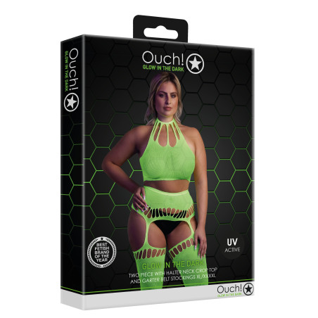 Ensemble Bustier Dos nu et Porte-Jarretelles 2 Pièces Vert Fluo