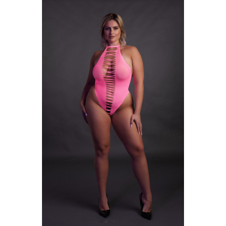 Body échancré ouvert à l'entrejambe avec dos nu Rose Fluo