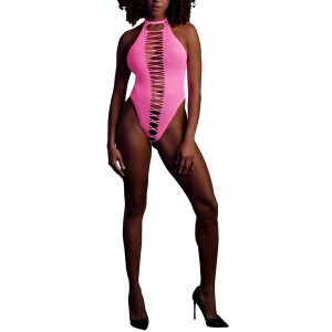 Body échancré ouvert à l'entrejambe avec dos nu Rose Fluo