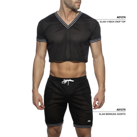 Crop Top noir SLAM V-NECK Tissu micro-perforé de Addicted