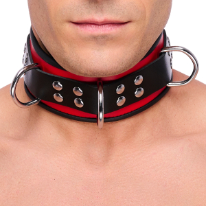 Collier en cuir 3 Anneaux D | Rouge-Noir