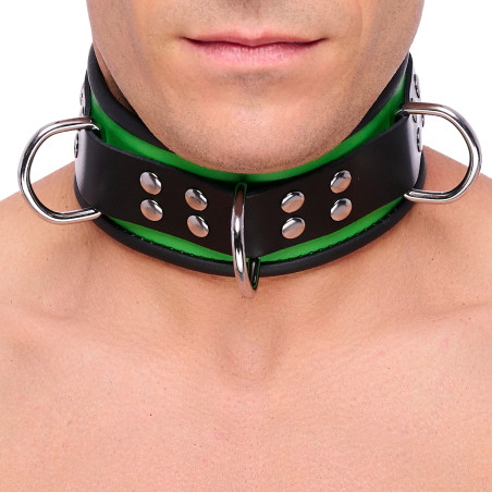 Collier en cuir 3 Anneaux D | Vert-Noir