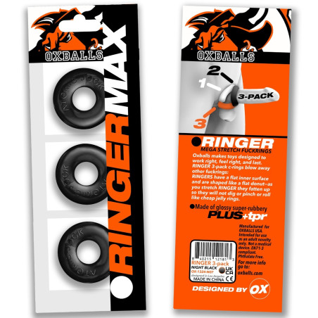 Lot de 3 cockrings souples RINGER MAX Oxballs Noirs