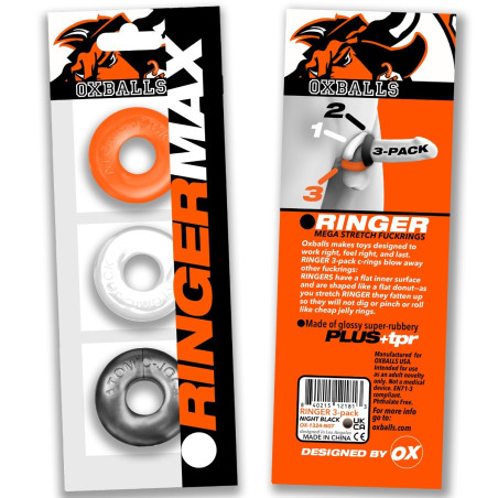 Lot de 3 cockrings souples RINGER MAX Blanc, Orange, Gris