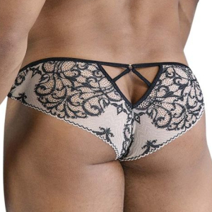 Slip sexy en dentelle FARELLIA Noir et Chair de Candyman