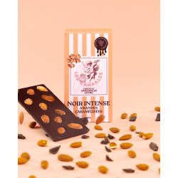 Tablette de Chocolat Aphrodisiaque NOIR INTENSE Amandes Caramélisées 100g