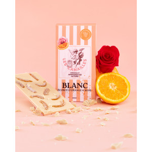 Tablette de Chocolat Aphrodisiaque BLANC Écorces d'orange & Rose 100g