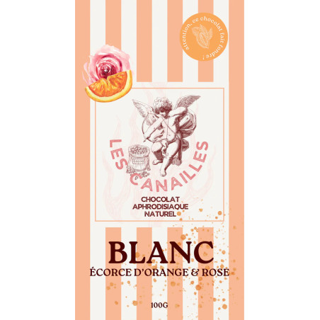 Tablette de Chocolat Aphrodisiaque BLANC Écorces d'orange & Rose 100g
