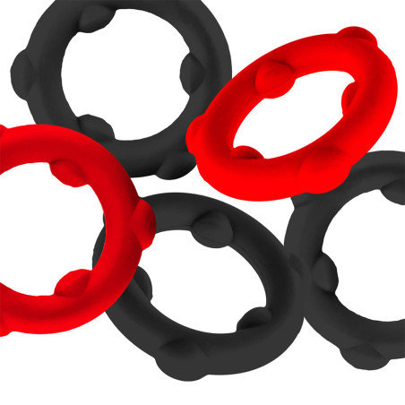 Lot de 5 Cockrings SPINNER de Oxballs Noir-Rouge 25 mm