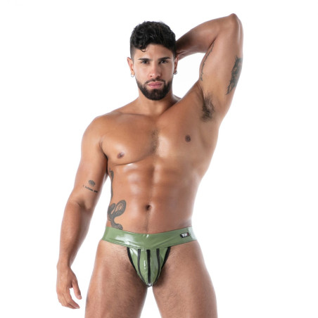 Jockstrap en latex kaki avec un Zip SECOND SKIN de TOF Paris