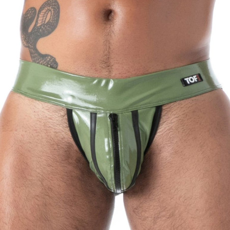 Jockstrap en latex kaki avec un Zip SECOND SKIN de TOF Paris