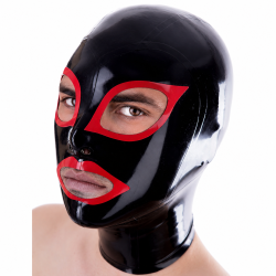 Cagoule en latex noir-rouge de LateXcite