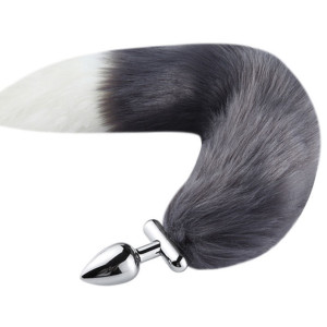 Plug queue de renard convertible bijou FOXY ROXY 5.5 x 2.7cm | Queue 39cm |Gris-blanc