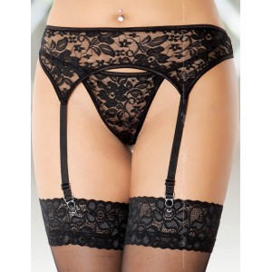 Porte-jarretelles et string assorti aux motifs fleuris - Noir