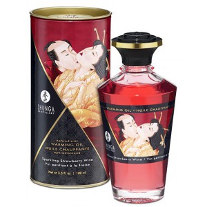 Huile de massage Chauffante Aphrodisiaque – Vin pétillant à la FRAISE 100 mL