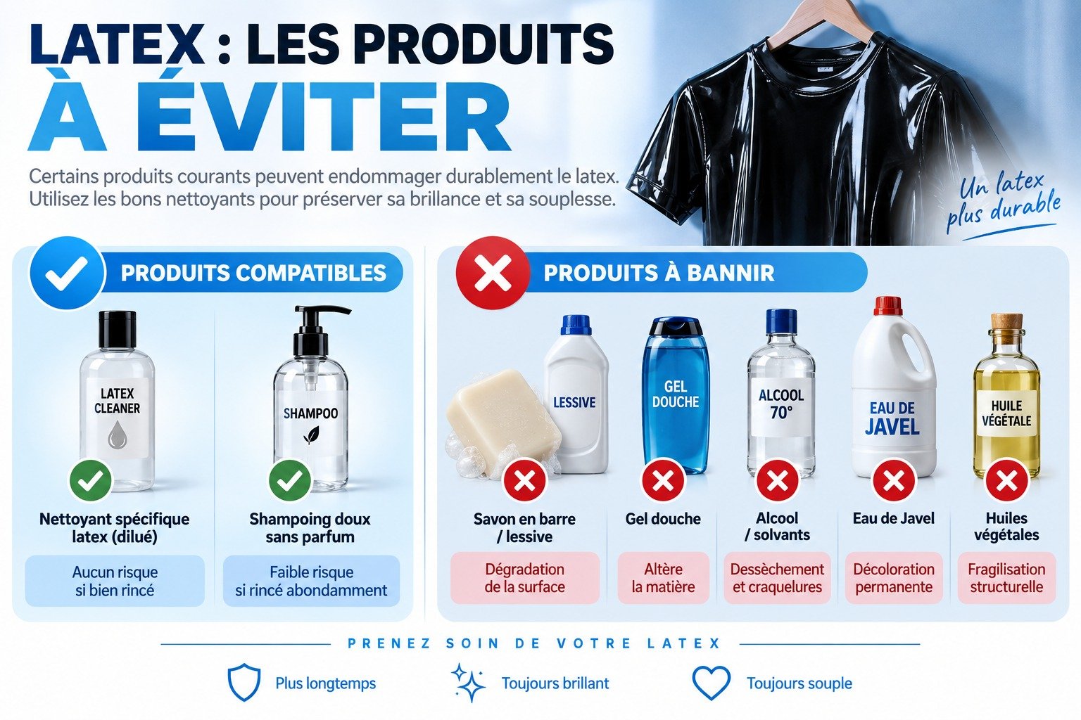 Affiche d’instructions sur les produits latex à éviter et à bannir, avec sections « Produits compatibles » et « Produits à bannir », montrant lingettes et gels sans risque et interdictions d’objets irritants.