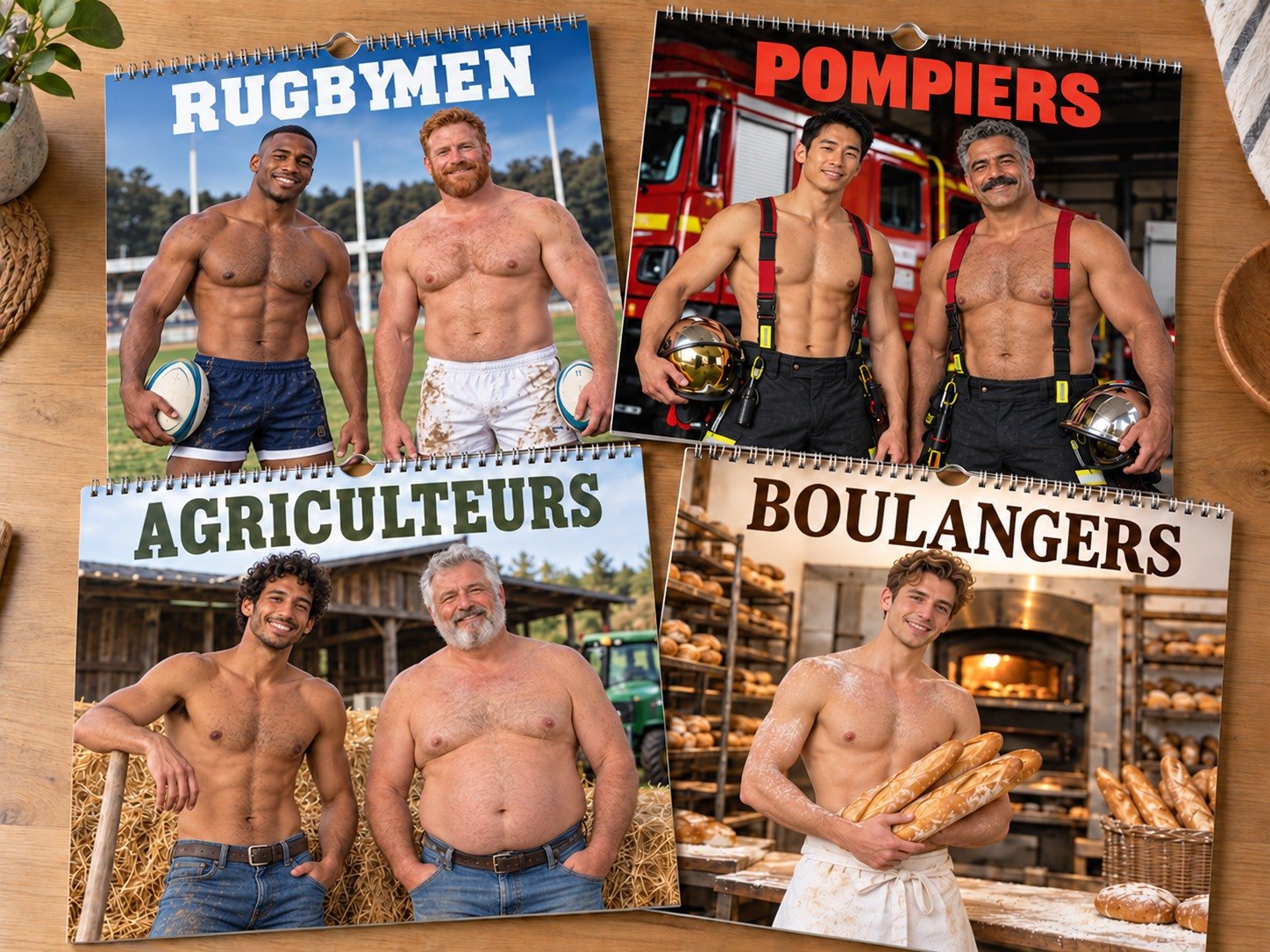 Affichettes masculines topless montrant des hommes différents dans des métiers (Rugbymen, Pompiers, Agriculteurs, Boulangers)