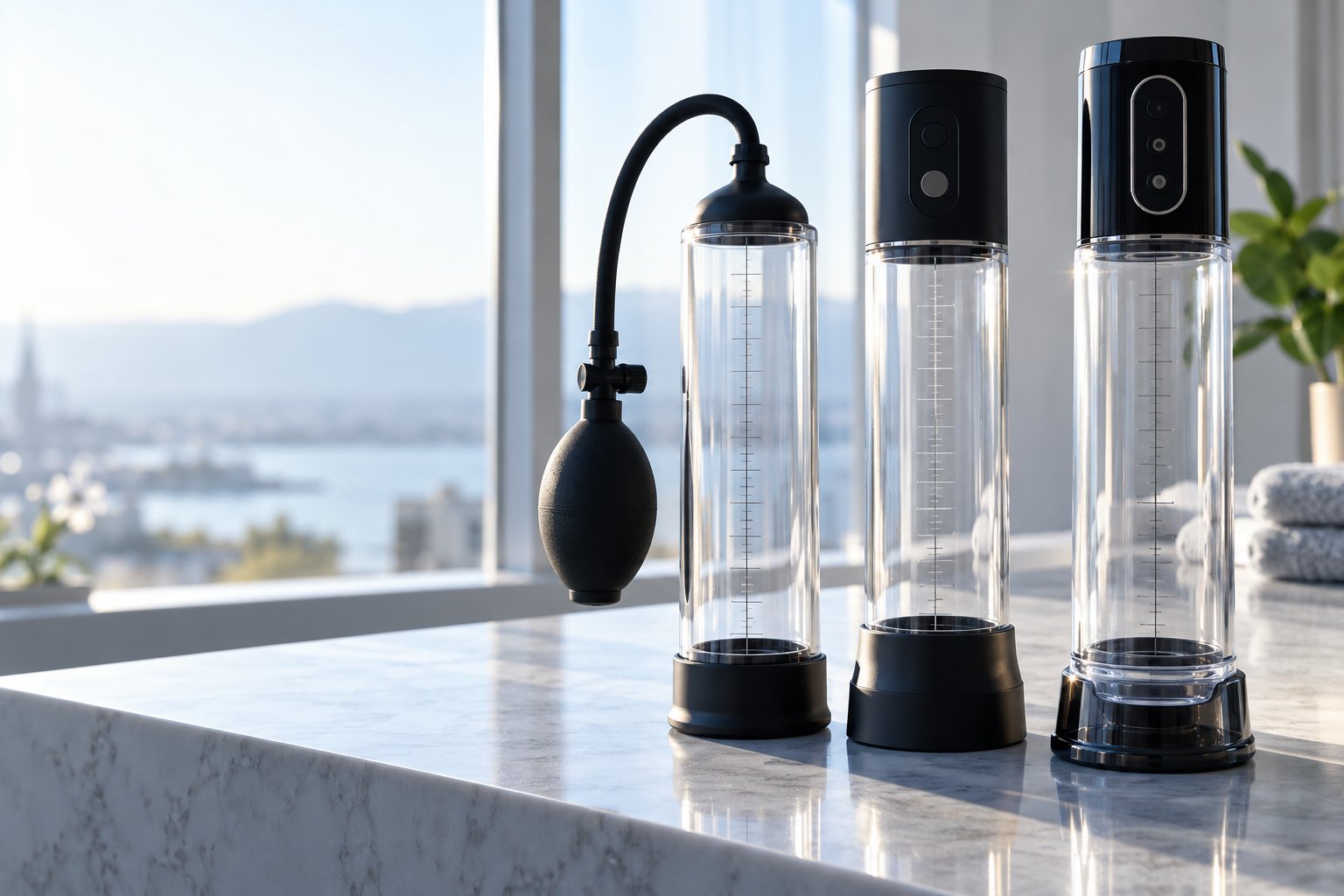 Bandes flexibles: trois stimulateurs intimes en verre avec pompes et bouchons, sur marbre.