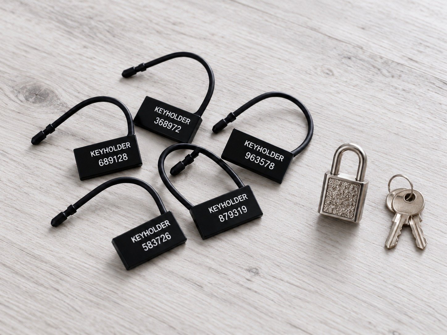 Cadeaux de cadenas à clé avec câbles et serrures, et jeux de clés sur plan clair.