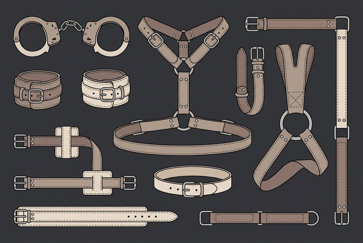 Collection de harnais, cordons et menottes en cuir, illustrant divers accessoires BDSM et attaches.