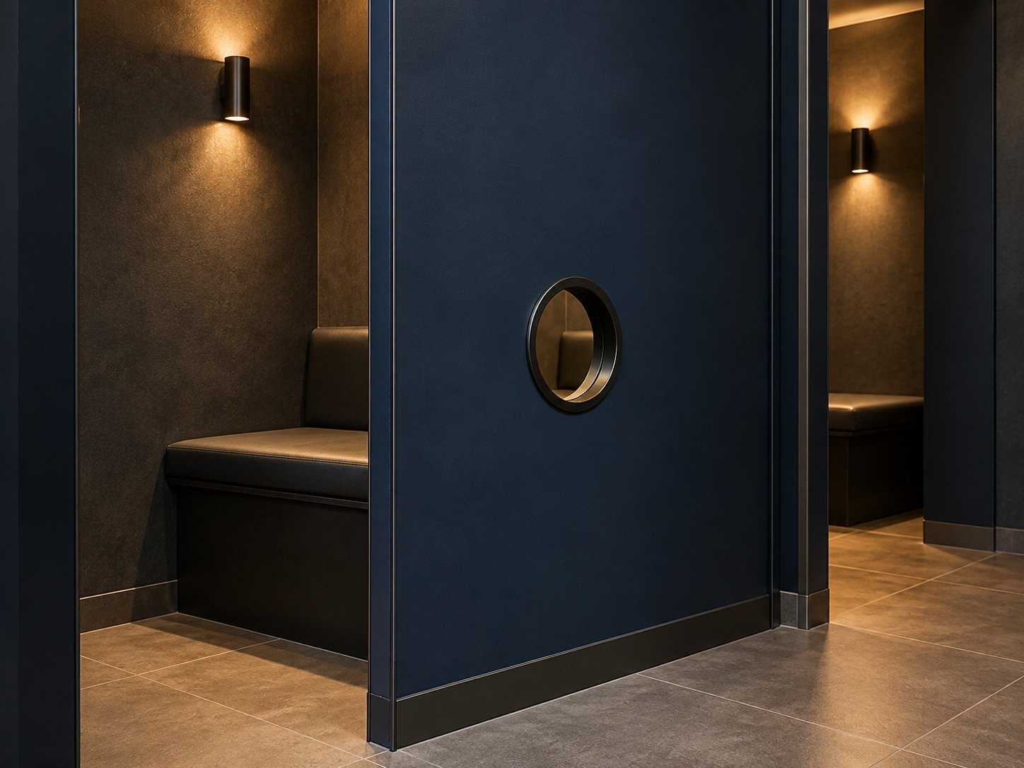 Couloir éclairé d’un local privé avec murs bleu foncé et cabines d’intimité, banquettes noires et éclairage mural chaleureux.