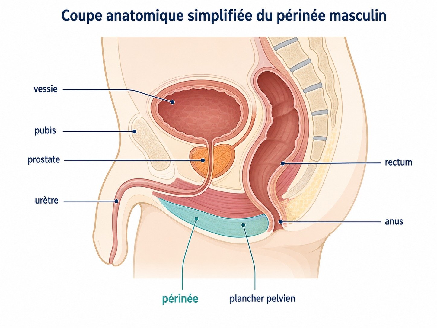 Coupe anatomique simplifiée du périnée masculin montrant vessie, pubis, prostate, urètre et rectum, avec méridiennes du périnée et du plancher pelvien.