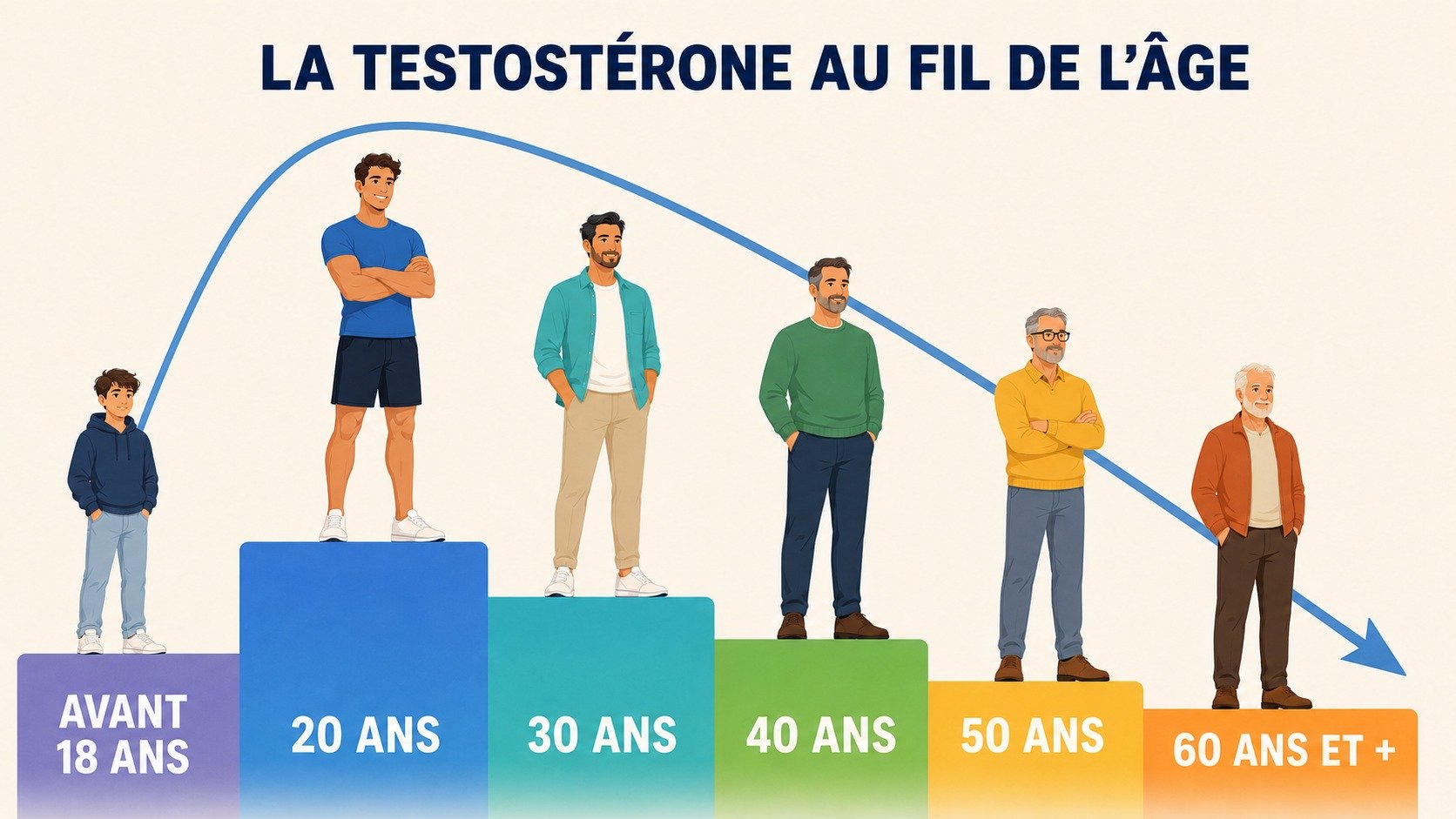 La courbe montre l’évolution de la testostérone avec l’âge, de l’enfant à 18 ans jusqu’à 60 ans et plus, avec des silhouettes sur des podiums de différentes hauteurs représentant chaque tranche d’âge.