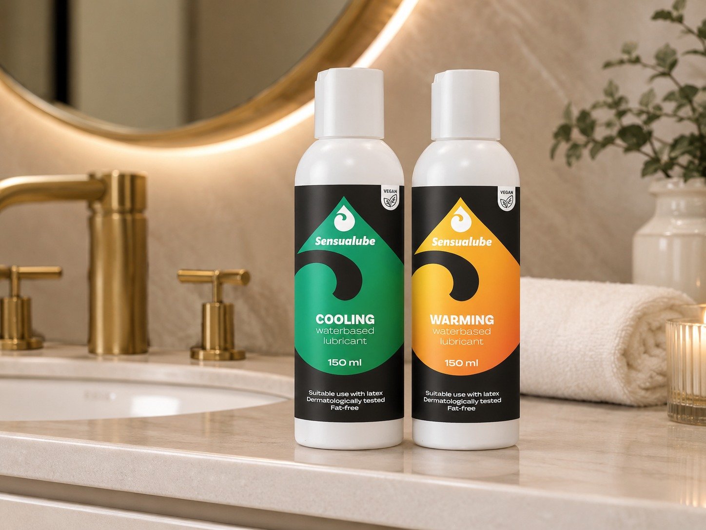 Deux bouteilles de lubrifiant Sensualube sur un comptoir de salle de bains, l’une verte « COOLING », l’autre orange « WARMING », avec d’autres éléments luxueux en arrière-plan.