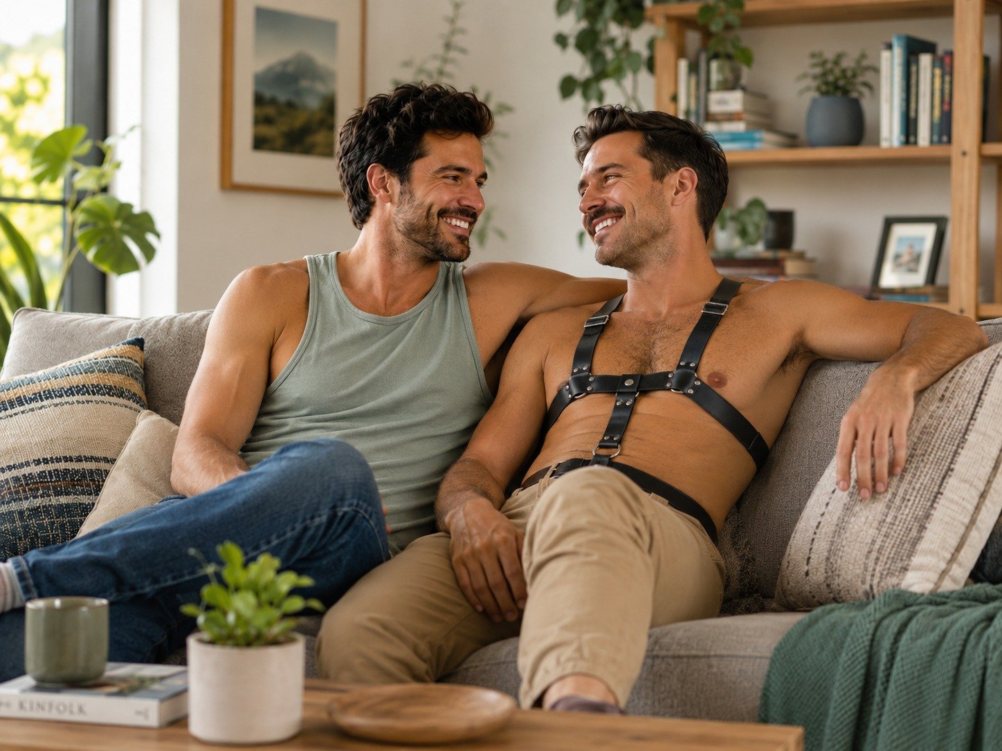 Deux hommes assis sur un canapé, souriants et détendus, l’un portant un harnais BDSM noir, l’autre en débardeur vert et jeans. Ambiance chaleureuse et intime à domicile.