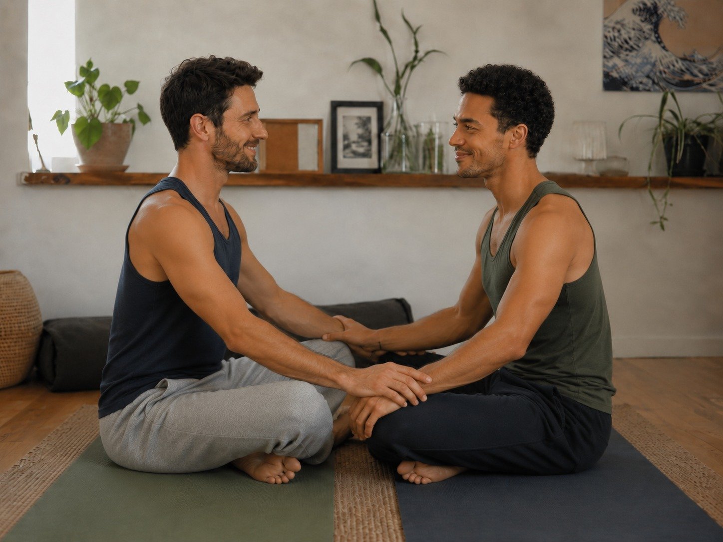 Deux hommes assis face à face sur un tapis de yoga, se tenant les mains et se regardant avec le sourire dans une pièce lumineuse et chaleureuse.