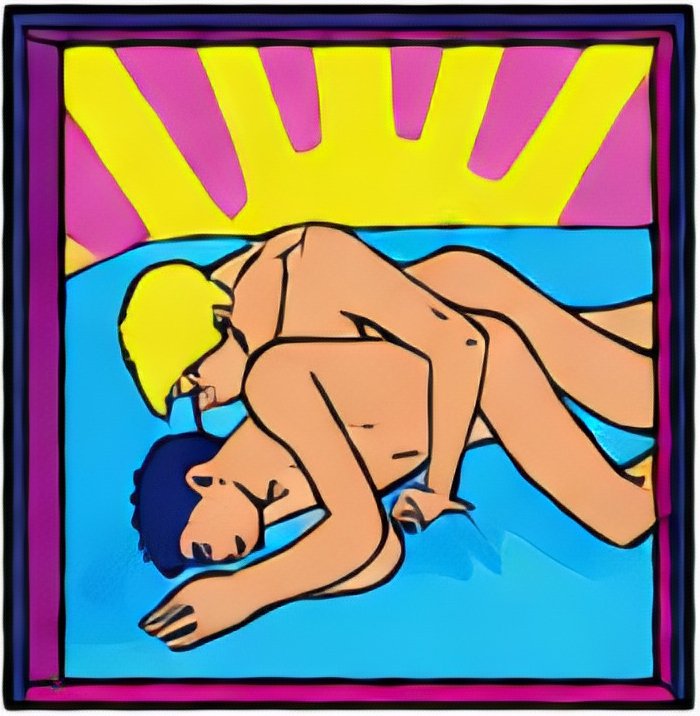 Couple nu embrassant sur fond bleu, avec soleil jaune et décor coloré autour. Alt text élégant qui intègre le mot-clé si fourni.