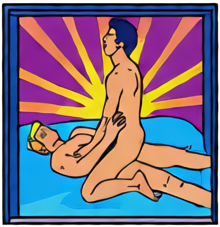 Panneau illustrant deux corps nus en étreinte dans des couleurs vives et stylisées, avec un soleil jaune-orange en arrière-plan.