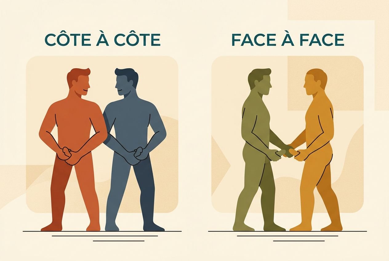 Deux silhouettes masculines se saluent d’un côté (Côte à Côte) et deux autres échangent une poignée de main dans un cadre intime (Face à Face).