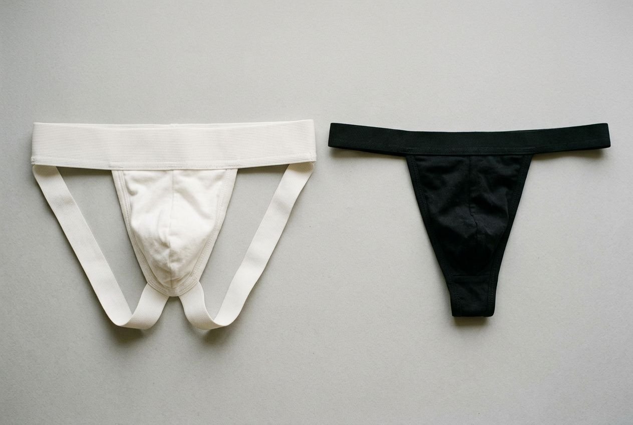 Deux slips masculins ésmartis côté, l’un blanc avec gousset, l’autre noir, posé sur fond gris. Deux slips masculins ésmartis côté, l’un blanc avec gousset, l’autre noir, posé sur fond gris.