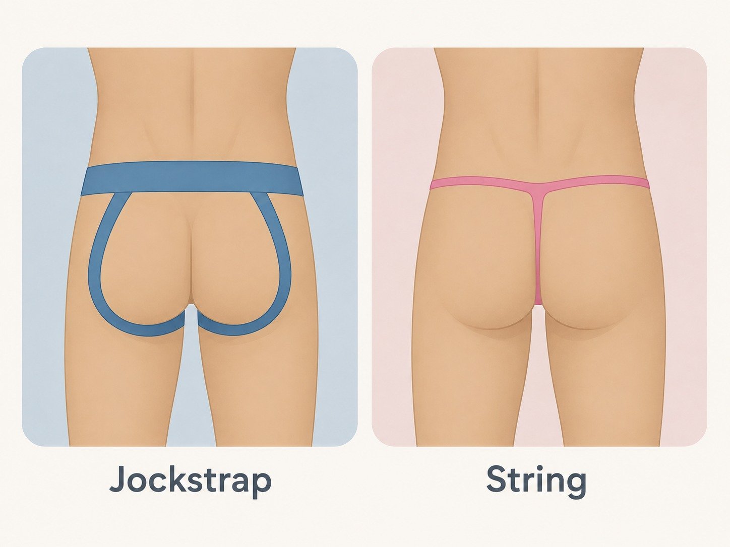 Deux vues arrière montrant des sous-vêtements masculins: un jockstrap bleu avec ceinture et dos nu, et une string rose révélant les fesses. Deux vues arrière montrant des sous-vêtements masculins: un jockstrap bleu avec ceinture et dos nu, et une string rose révélant les fesses.