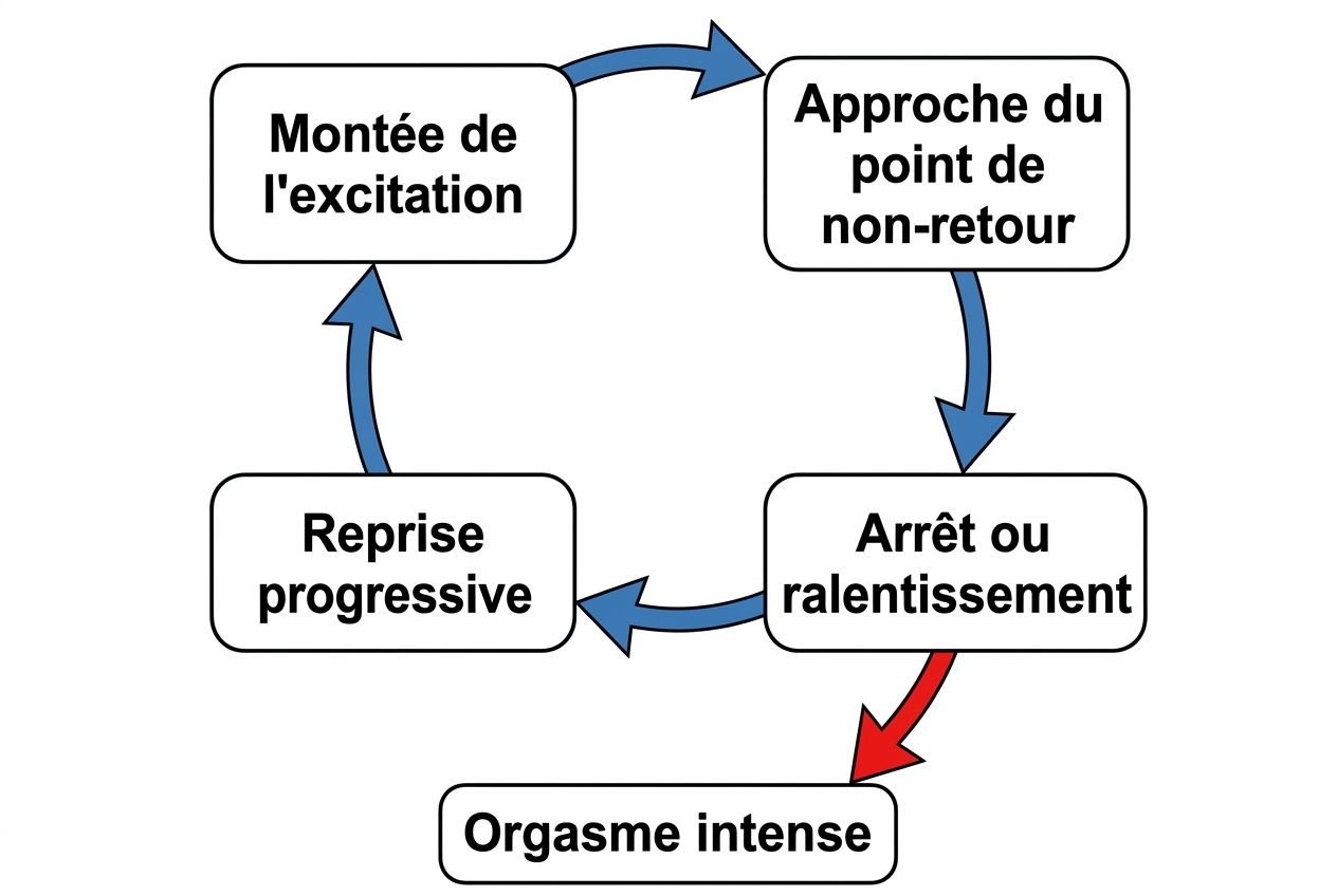 Cycle de stimulation sexuelle avec orgasme intense, intégrant montée d'excitation et approche du point de non-retour.
