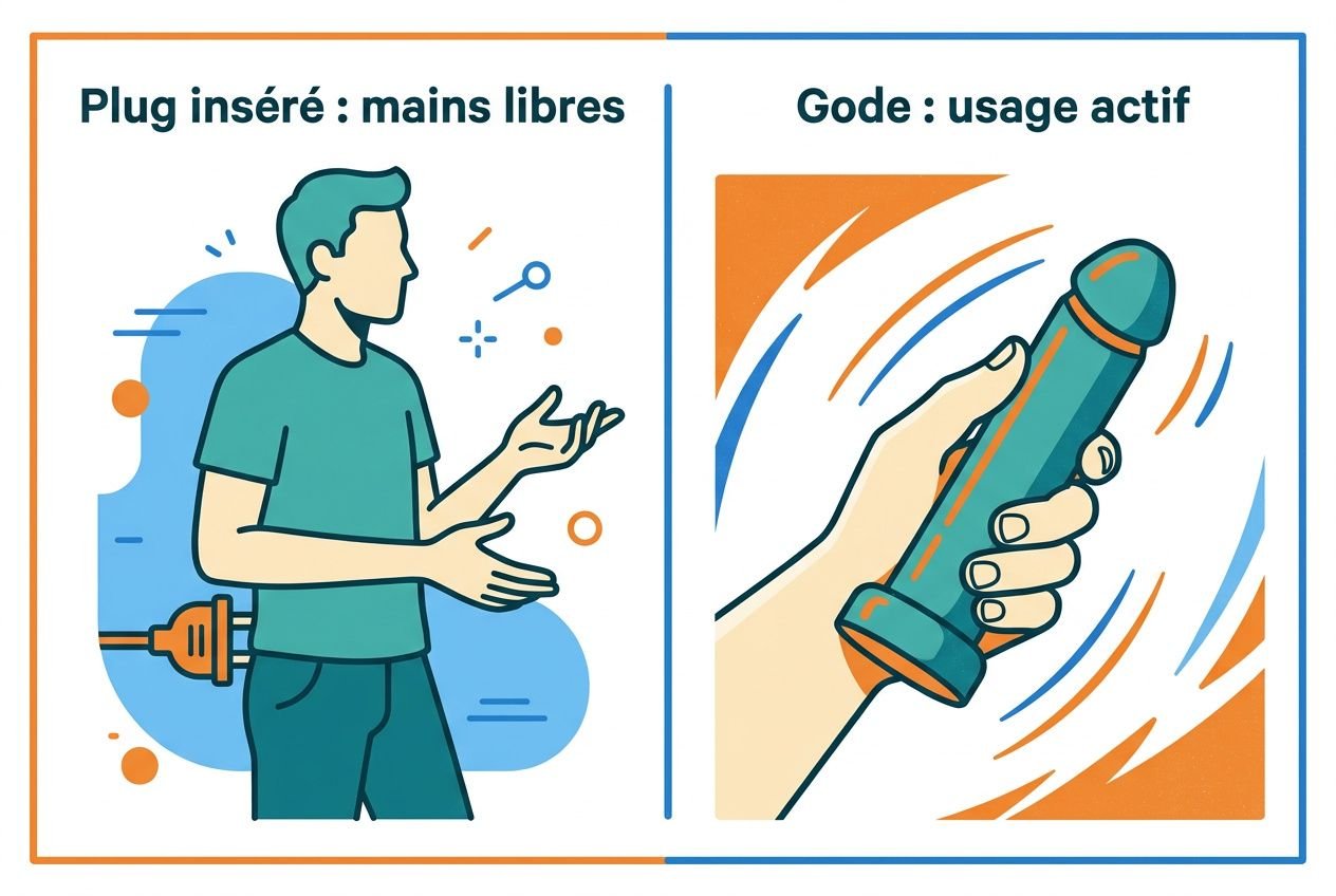 Groupe de quatre segues: "Plug inséré : mains libres" et "Gode : usage actif" montrant un homme et un gode-ceinture en illustration vectorielle colorée.