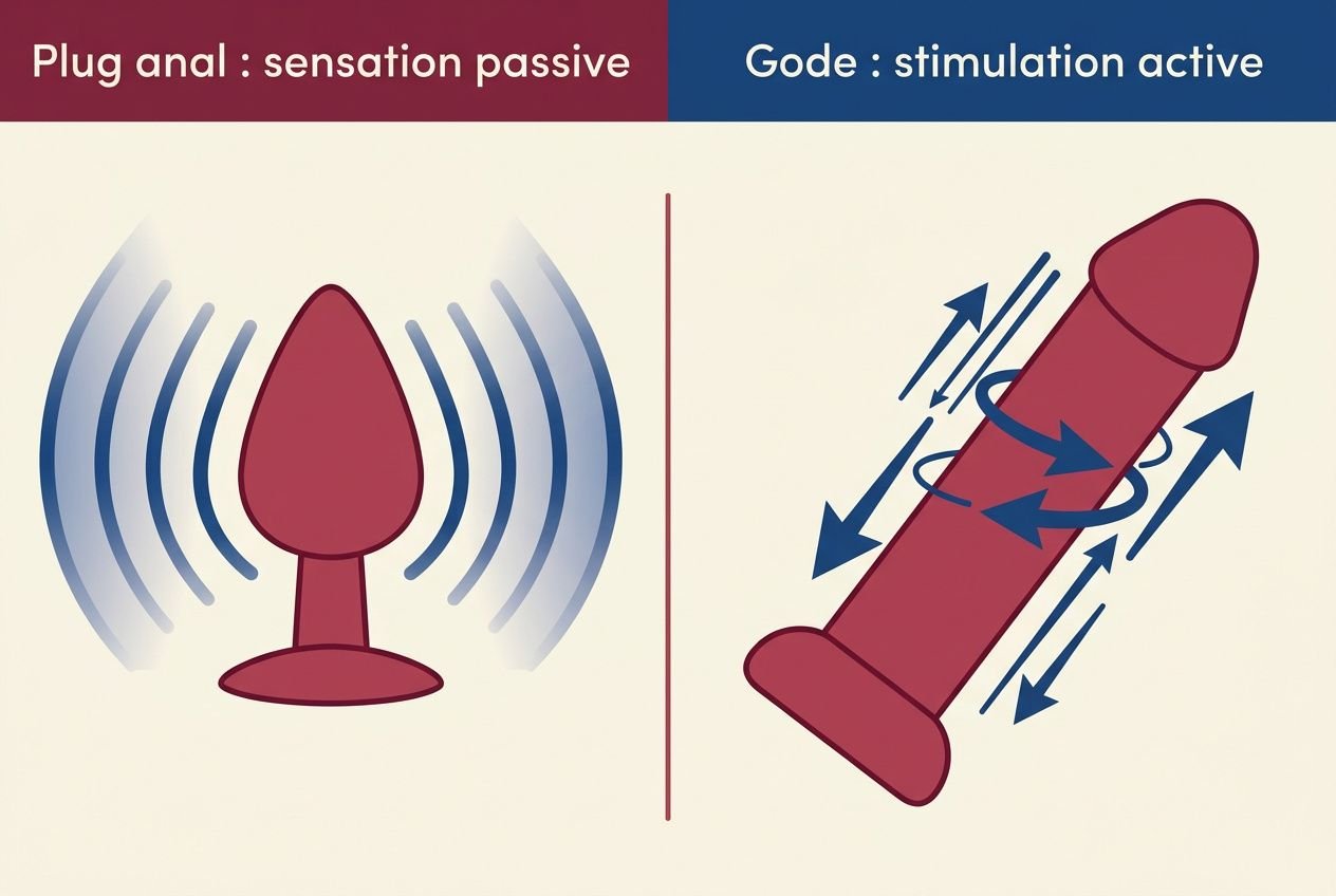 Gode et Plug anal illustrés: stimulation active du gland et mouvement du plug simulés par flèches.